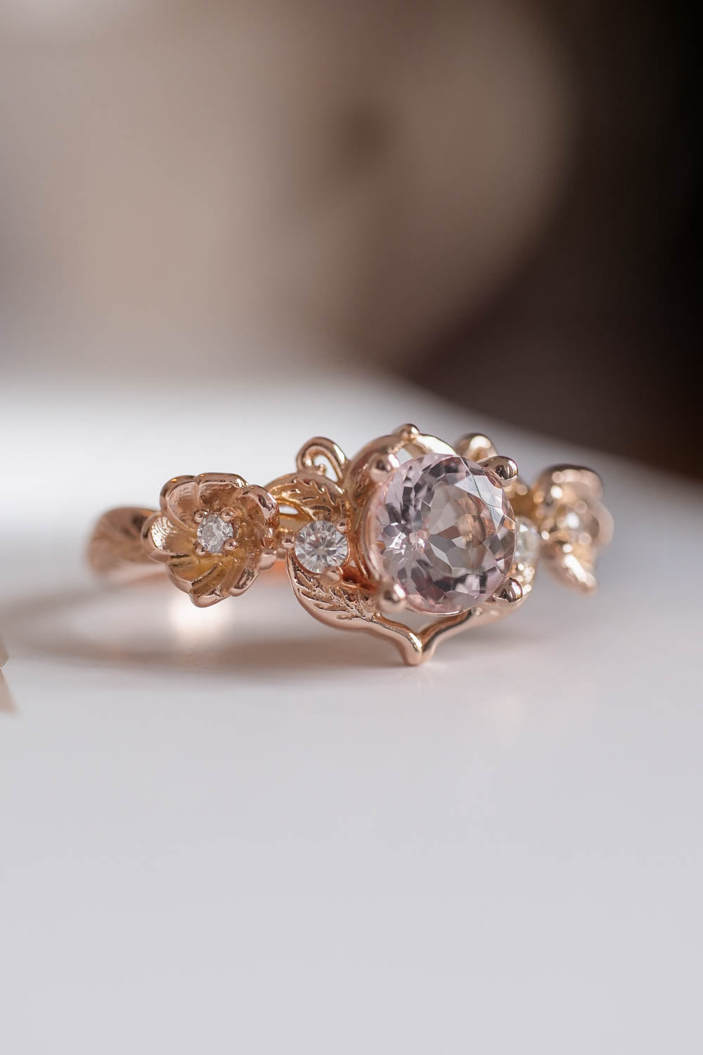 floral engagement ring with pibk morganite gemstone