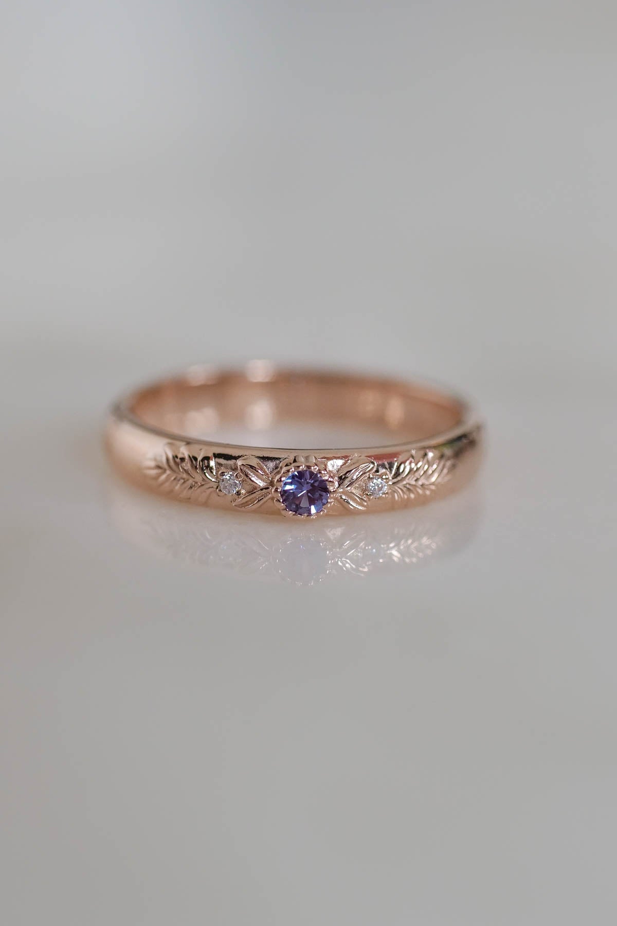 Alternative wedding ring with  alexandrite and diamonds rose gold wedding band 