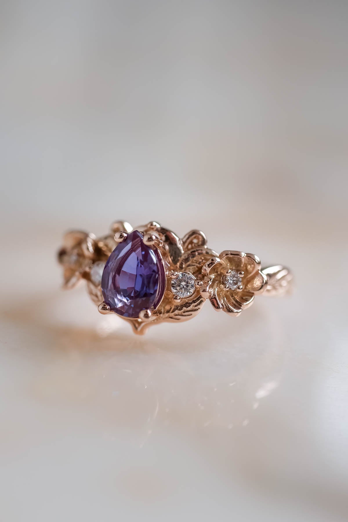 floral engagement ring alexandrite pear cut ring in rose gold 