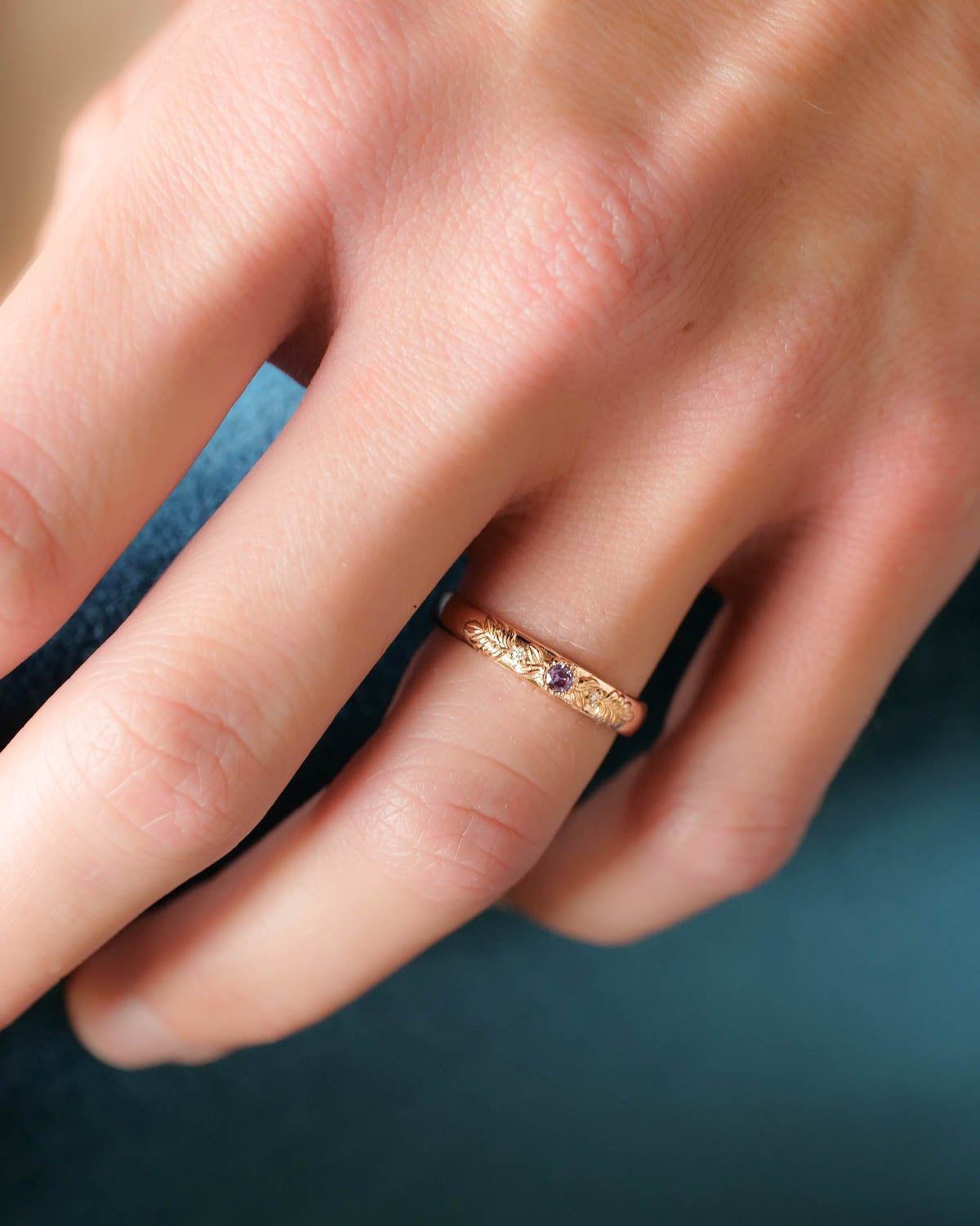 unusual wedding ring with nature inspired details, rose golf wedding band