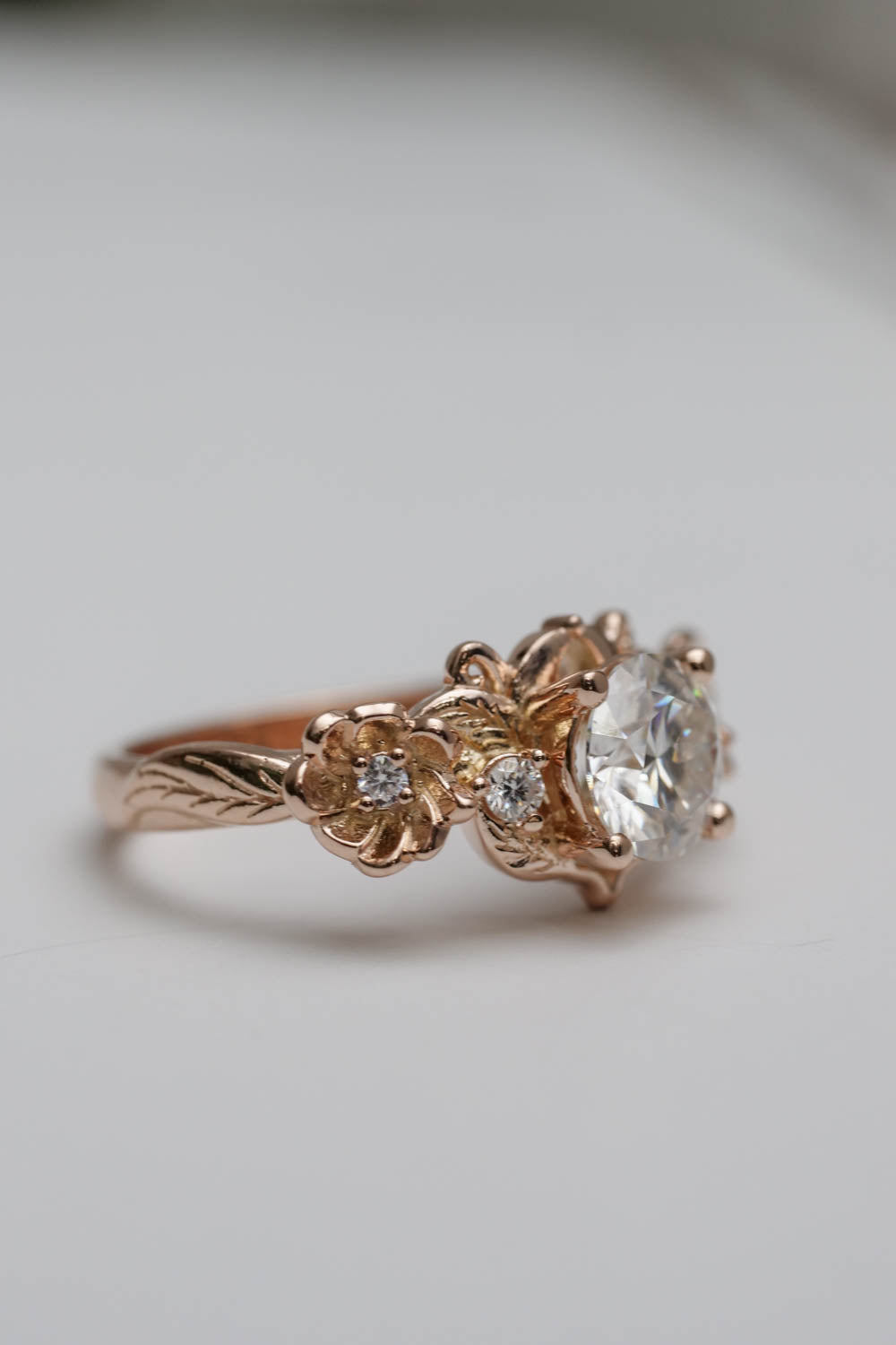 floral engagement rings with moissanite,  handmade ring for engagement  wiht round gemstone in the center