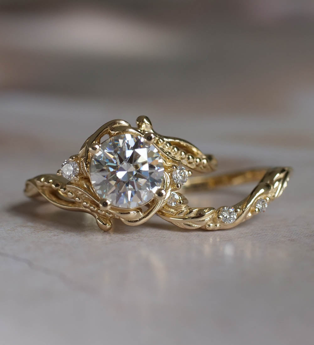 Moissanite bridal ring set in yellow gold / Undina - Eden Garden Jewelry™