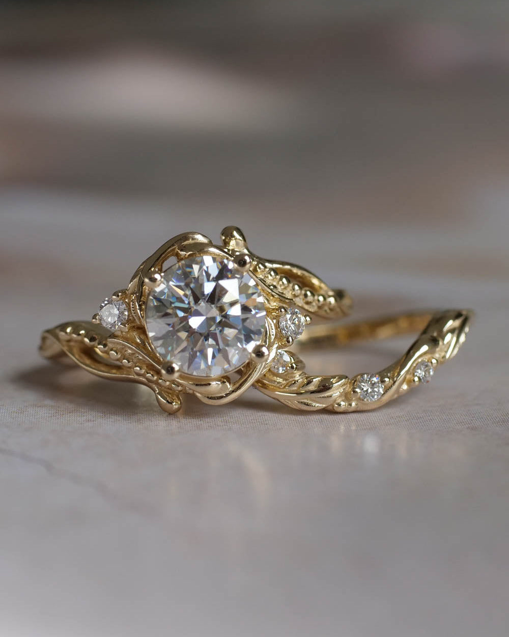 Moissanite bridal ring set in yellow gold / Undina - Eden Garden Jewelry™
