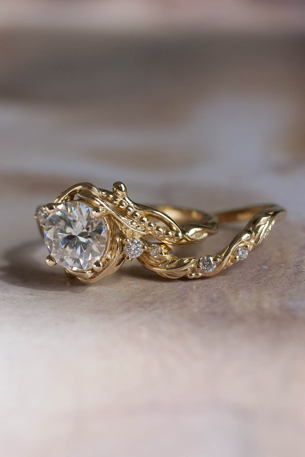 engagement and wedding band set - Moissanite bridal ring set in yellow gold 
