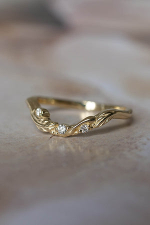 Curved leaf wedding band with diamonds, yellow gold