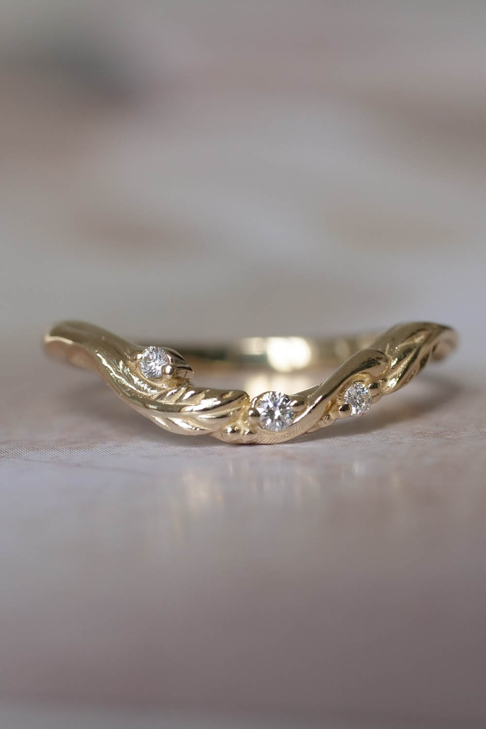 Curved leaf wedding band with diamonds, yellow gold | Matching ring for Undina - Eden Garden Jewelry™