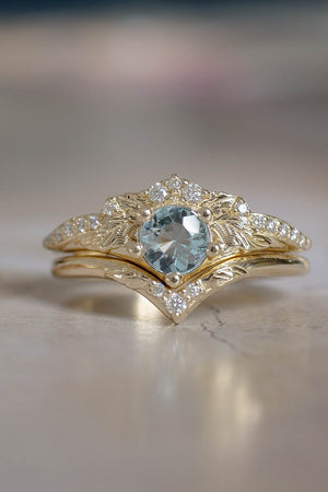 Aquamarine rings in yellow gold, bridal set / Amelia - Eden Garden Jewelry™