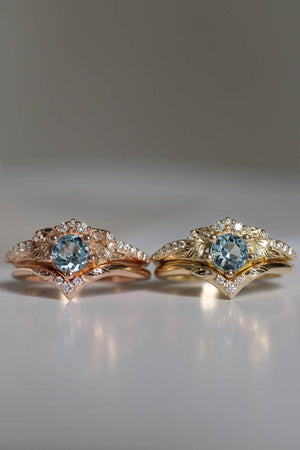 floral aquamarine engagement rings sets in yellow and rose gold