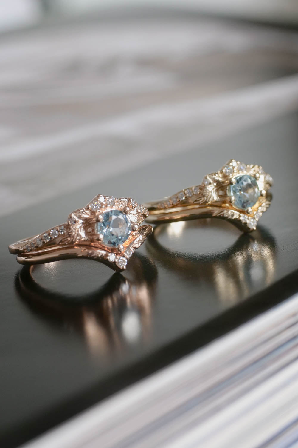 yellow gold rings sets, rose gold rings sets with aquamarine and diamonds