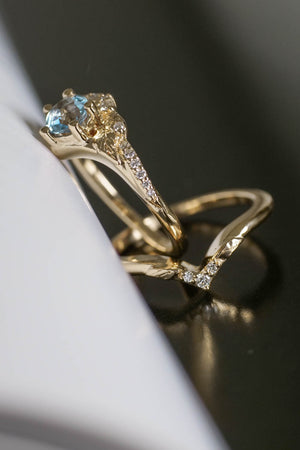 Aquamarine rings set in yellow gold, bridal set / Amelia 