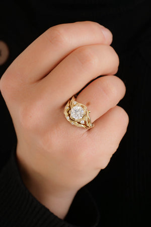 yellow gold engagement ring, matching band with diamonds, bridal ring set 