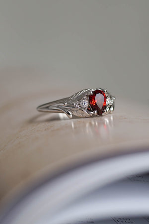 Engagement ring white gold garnet, pear cut ring with garnet and diamonds