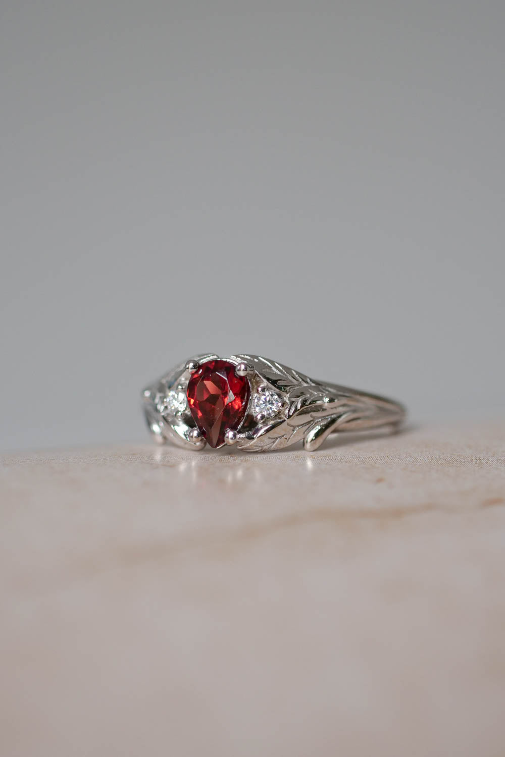 White gold garnet ring with diamonds for engagement / Wisteria - Eden Garden Jewelry™