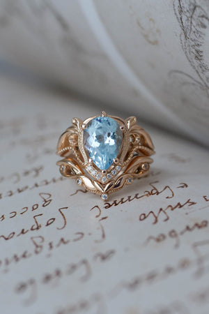 Bridal ring set with big pear cut aquamarine / Lida - Eden Garden Jewelry™
