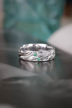 Wedding rings set for couples: white gold emerald band for him, chevron ring for her/ Callisto - Eden Garden Jewelry™
