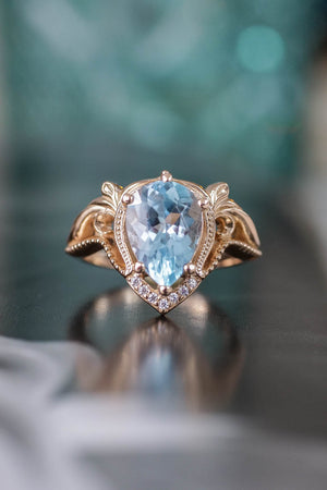 large pear cut aquamarine  ring for engagement, yellow rose or white gold by your choice