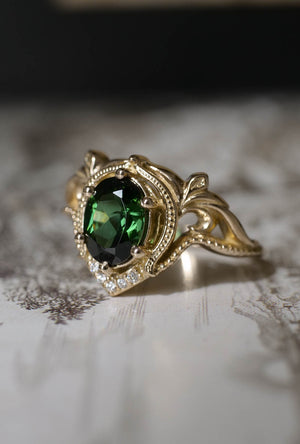 Yellow gold oval engagement ring, green tourmaline / Lida - Eden Garden Jewelry™