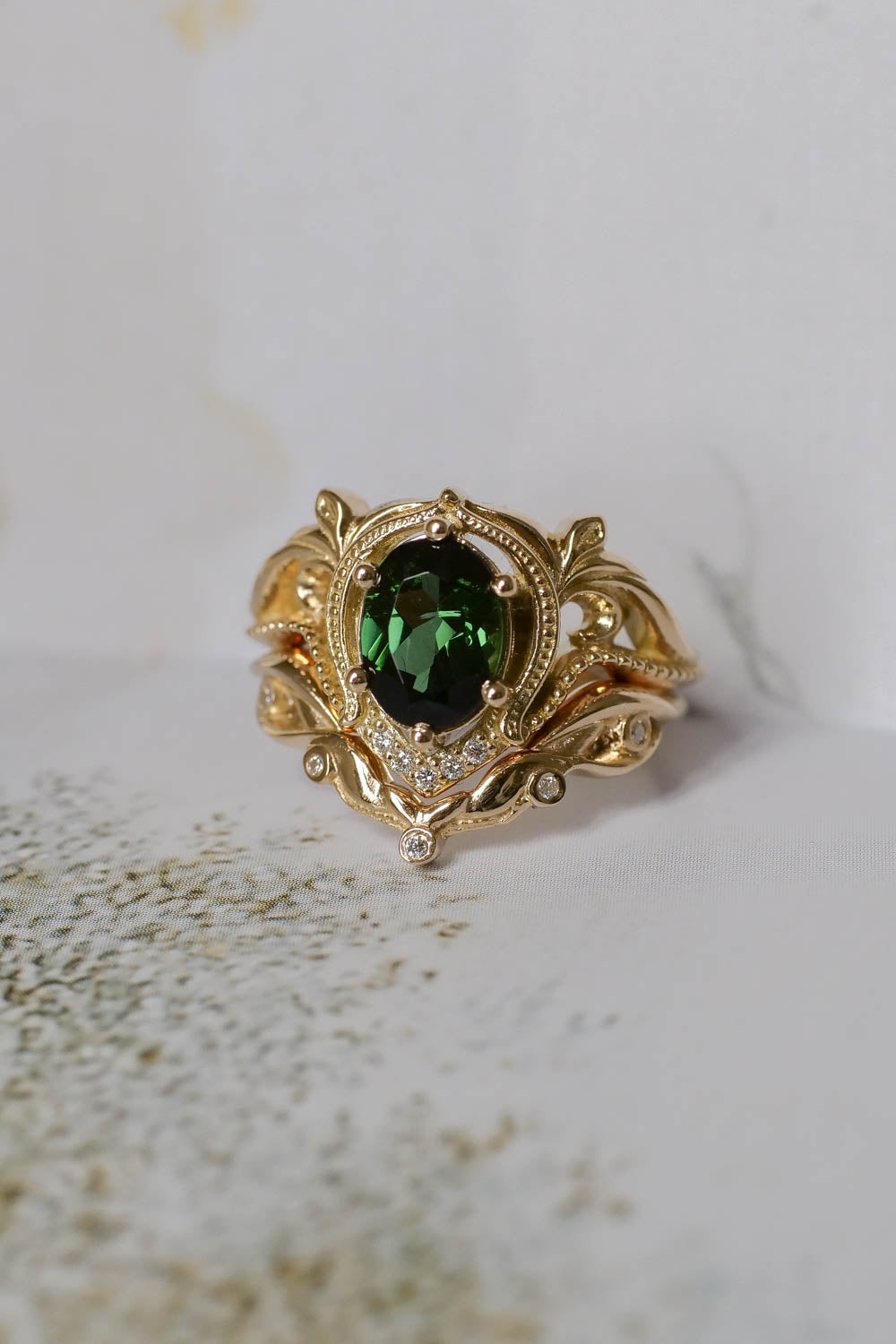 Green tourmaline engagement ring set / Lida oval - Eden Garden Jewelry™