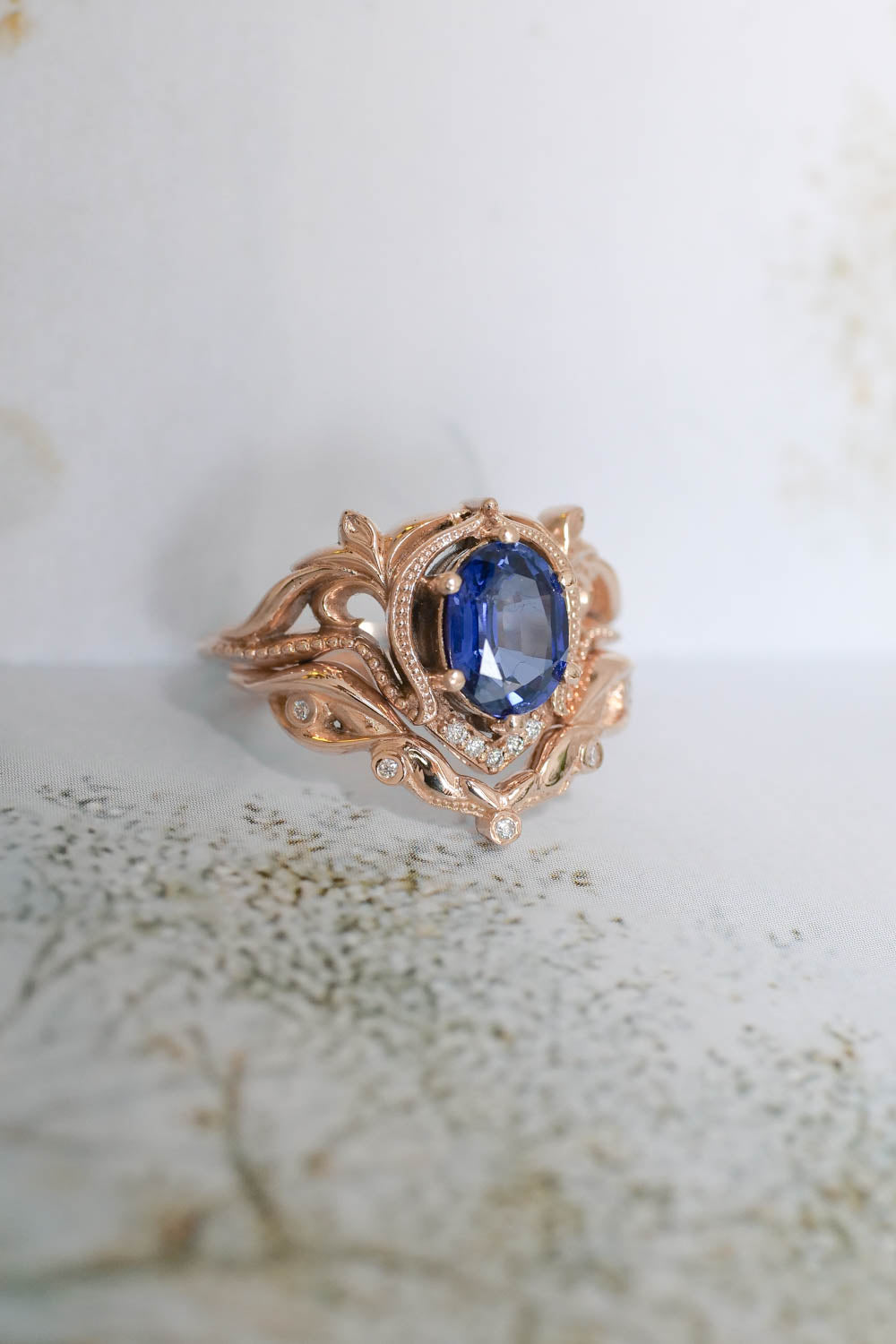 rings with sapphires and diamonds, rose gold wedding ring set for bride