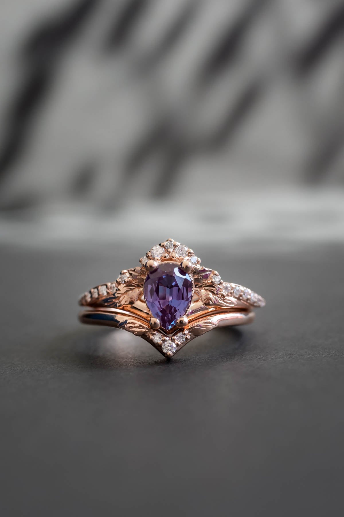 Engagement ring set with alexandrite, rose gold, pear cut . Unusual rose gold engagement rings