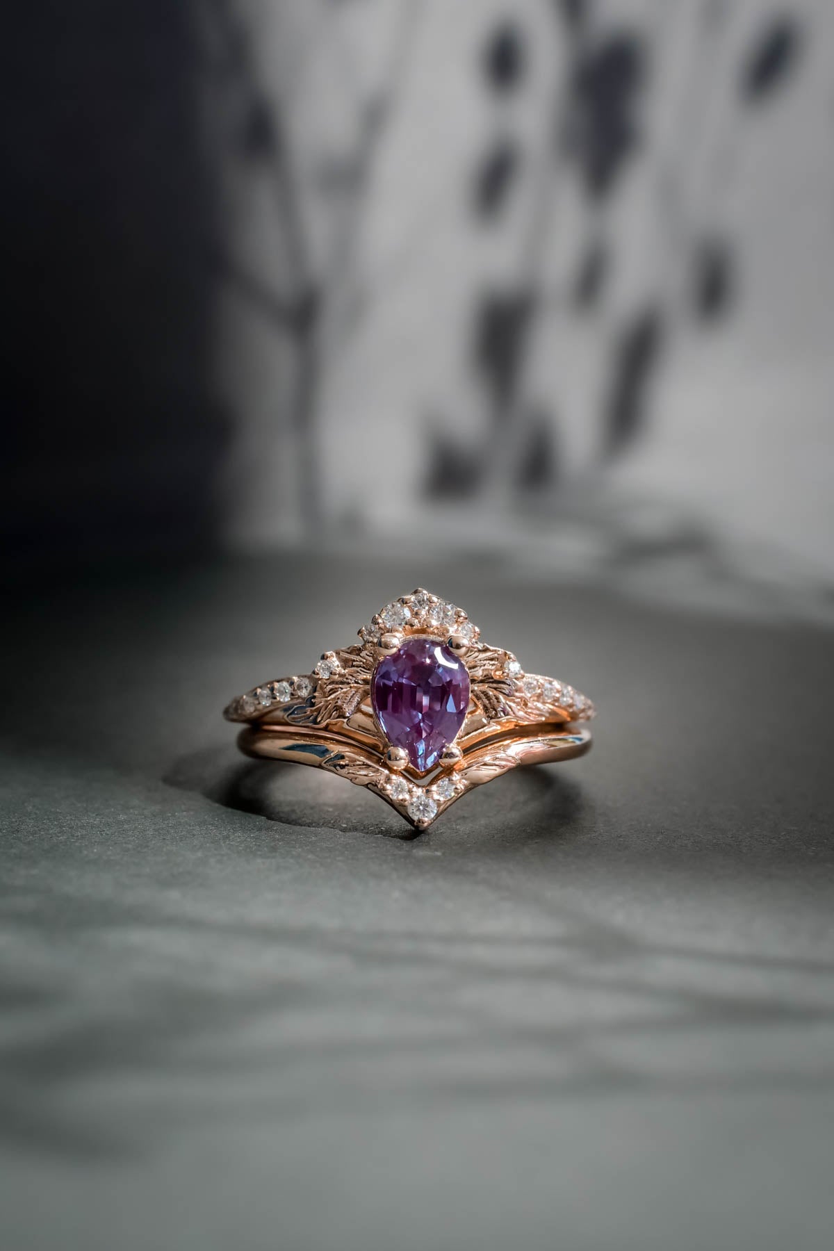Lab alexandrite engagement ring set, rose gold, pear cut / Amelia - Eden Garden Jewelry™