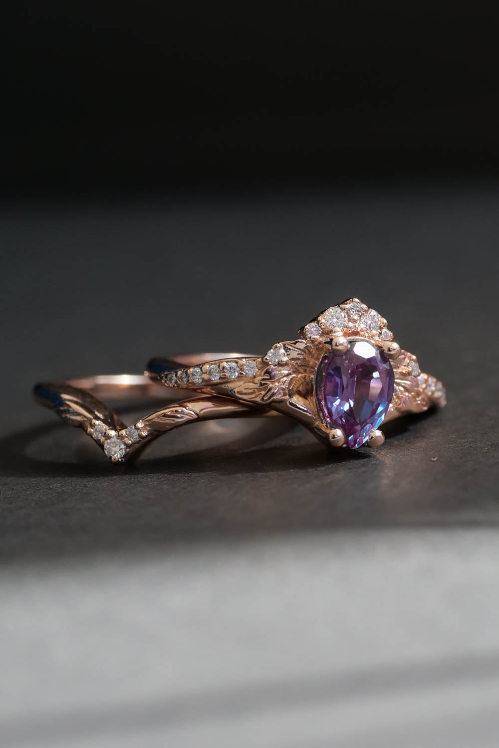 Gold leaf stacking ring set with pear cut lab alexandrite and diamonds