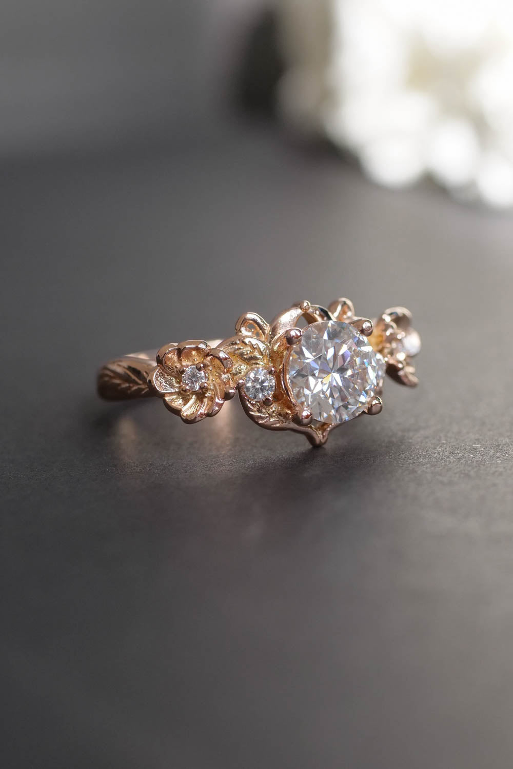 Lab grown diamond engagement ring in rose gold, floral engagement ring ...