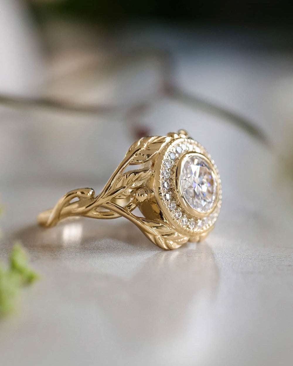Moissanite halo engagement ring, nature wedding band - Eden Garden Jewelry™