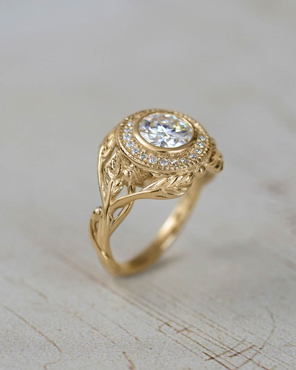 Moissanite halo engagement ring, nature wedding band - Eden Garden Jewelry™