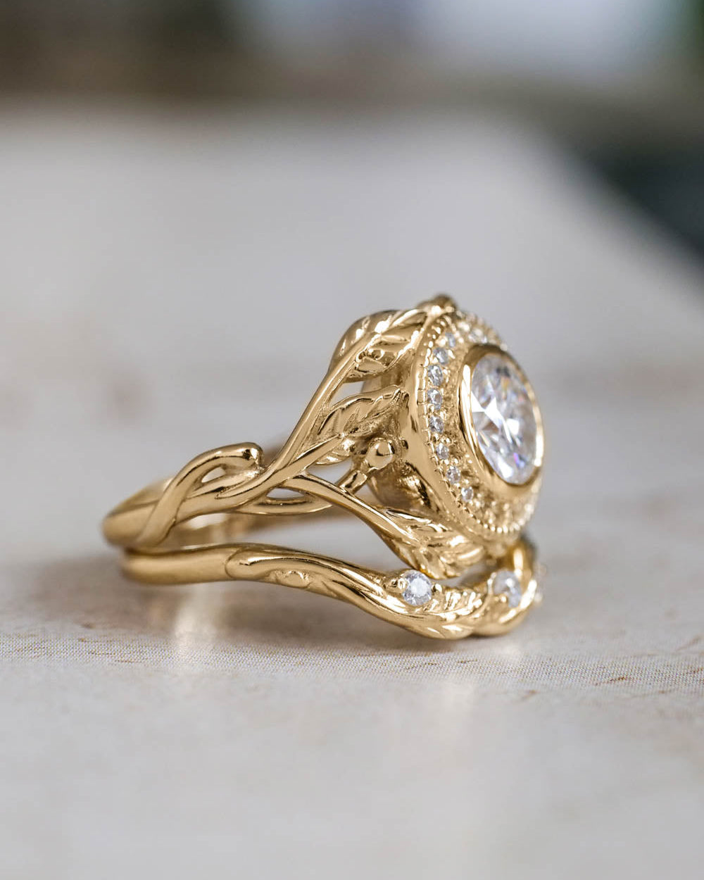 Moissanite halo engagement ring, nature wedding band - Eden Garden Jewelry™