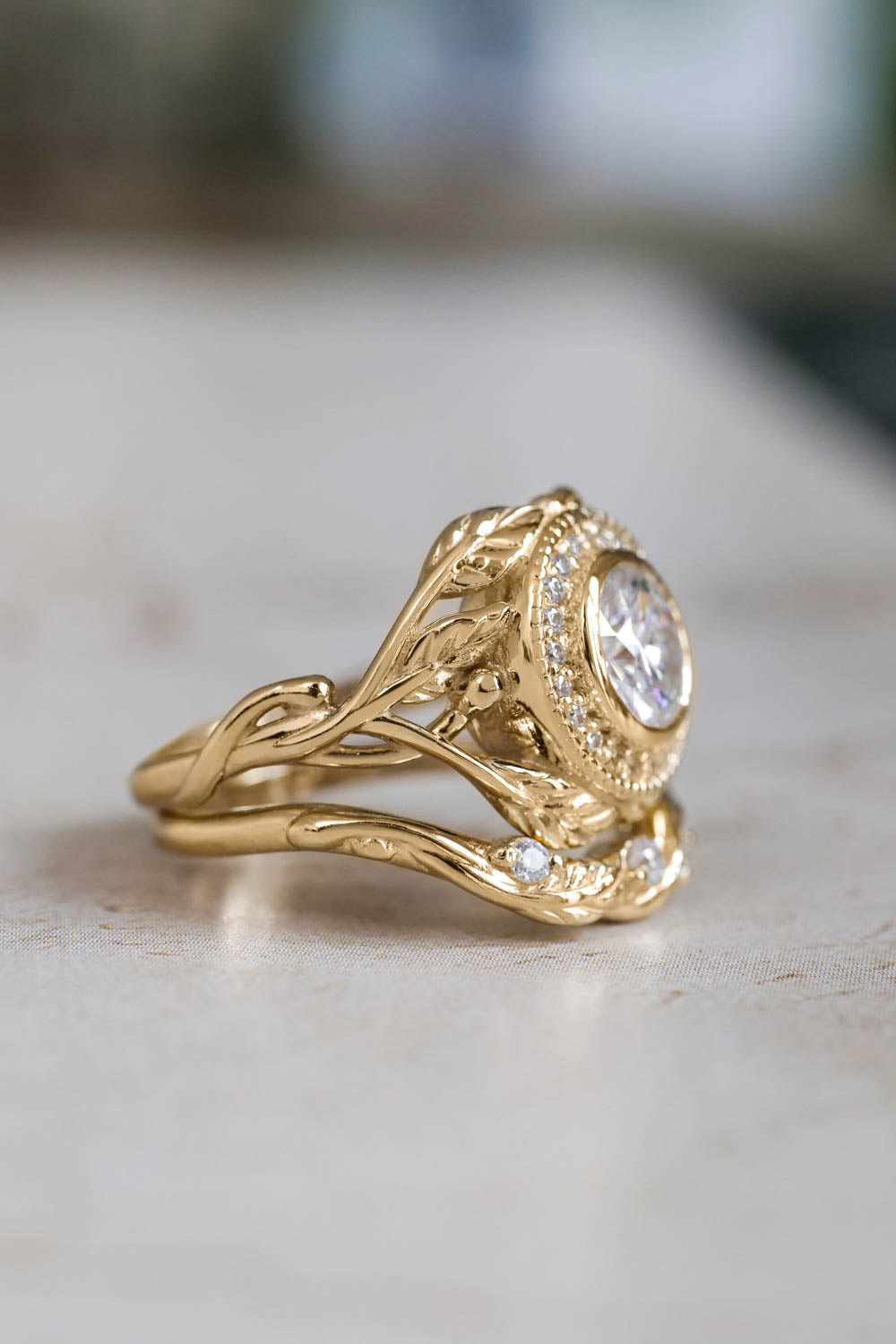 Moissanite halo engagement ring, nature wedding band - Eden Garden Jewelry™