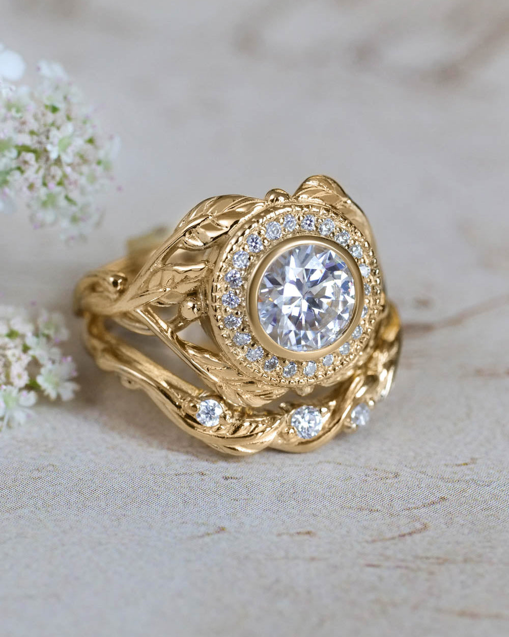 Moissanite halo engagement ring, nature wedding band - Eden Garden Jewelry™