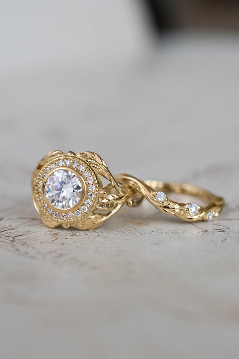 Moissanite halo engagement ring, nature wedding band - Eden Garden Jewelry™