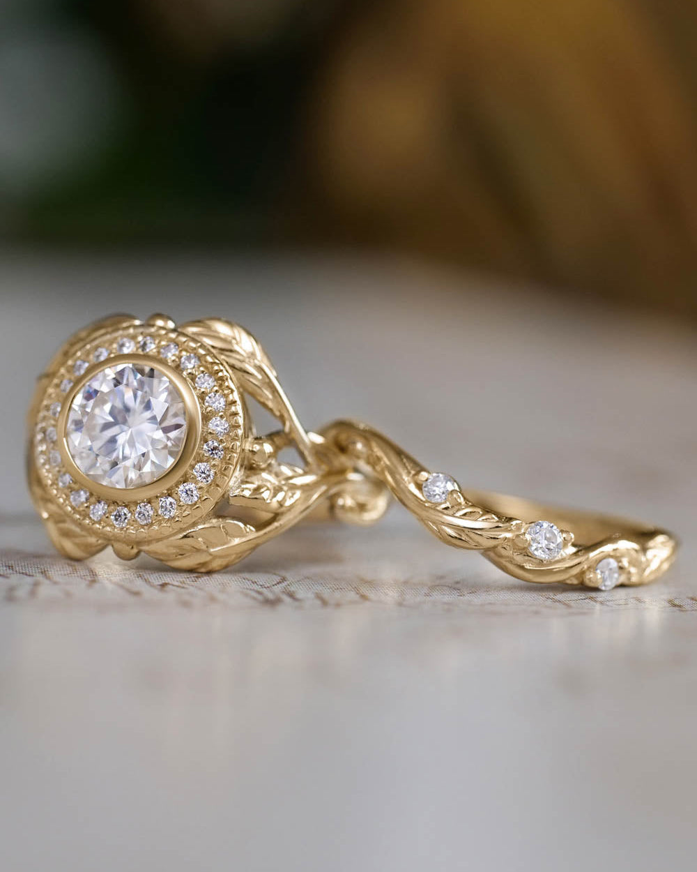 Moissanite halo engagement ring, nature wedding band - Eden Garden Jewelry™