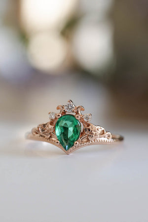 Engagement emerald ring set, rose gold engagement ring, natural emerald gemstone is a central gemstone for this nature inspired ring
