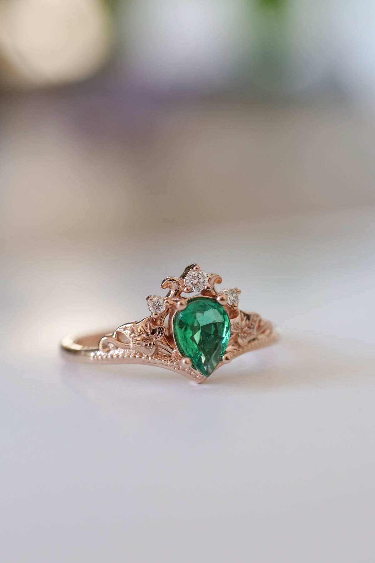 Natural emerald and diamonds engagement ring , pear cut ring with emerald