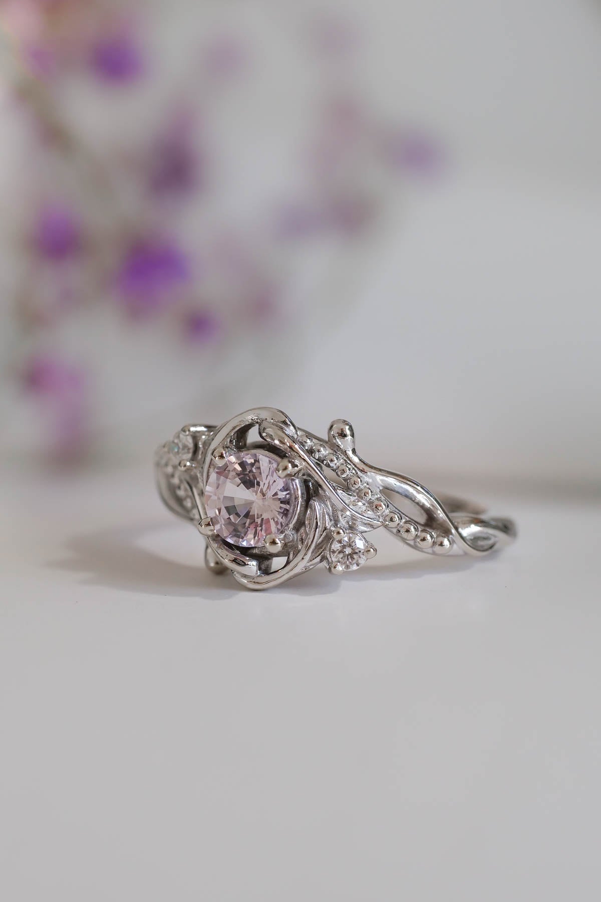 READY TO SHIP: Undina in 14K white gold, natural pink sapphire, 5 mm, moissanites, RING SIZE 7 US - Eden Garden Jewelry™