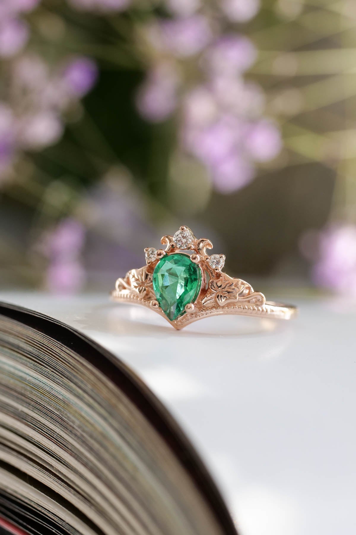 fantasy engagement ring with natural emerald and diamonds, nature inspired rings
