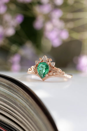 fantasy engagement ring with natural emerald and diamonds, nature inspired rings