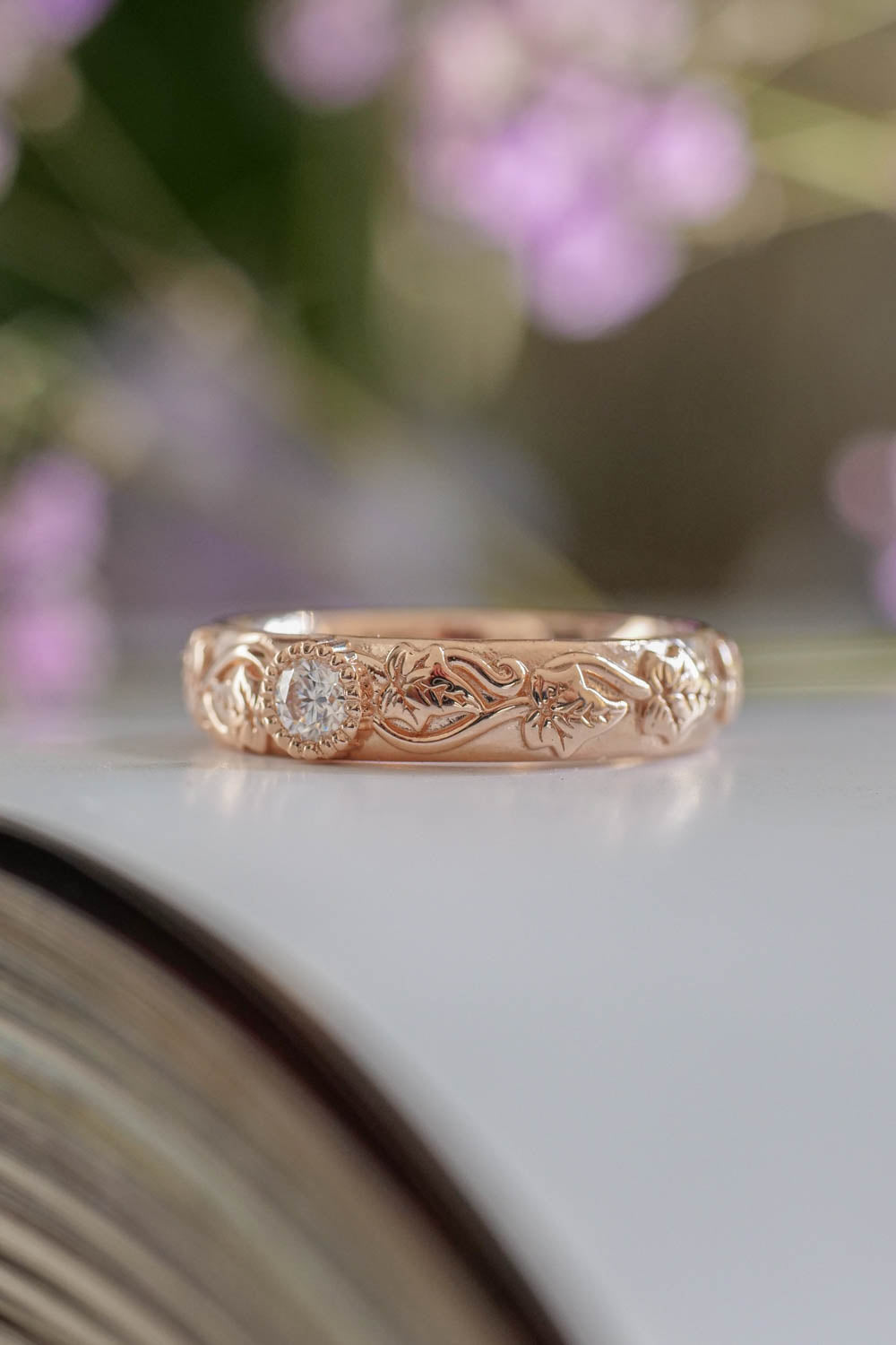 Rose gold wedding band woman, ivy ring with diamond
