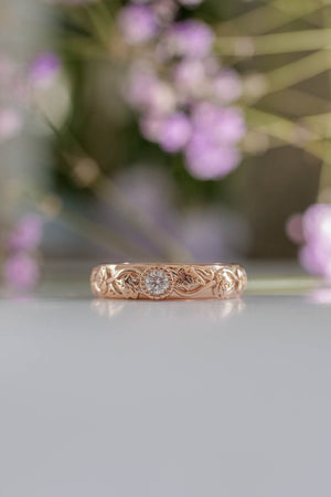 Rose gold ivy ring with diamond, wedding band woman