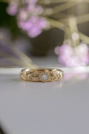 yellow gold wedding band with diamond, nature inspired rings