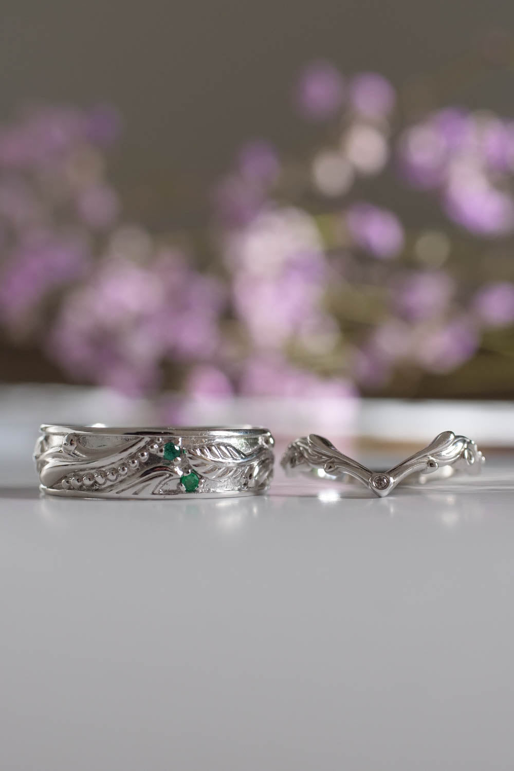 wedding rings for him and her, white gold and accent with emeralds