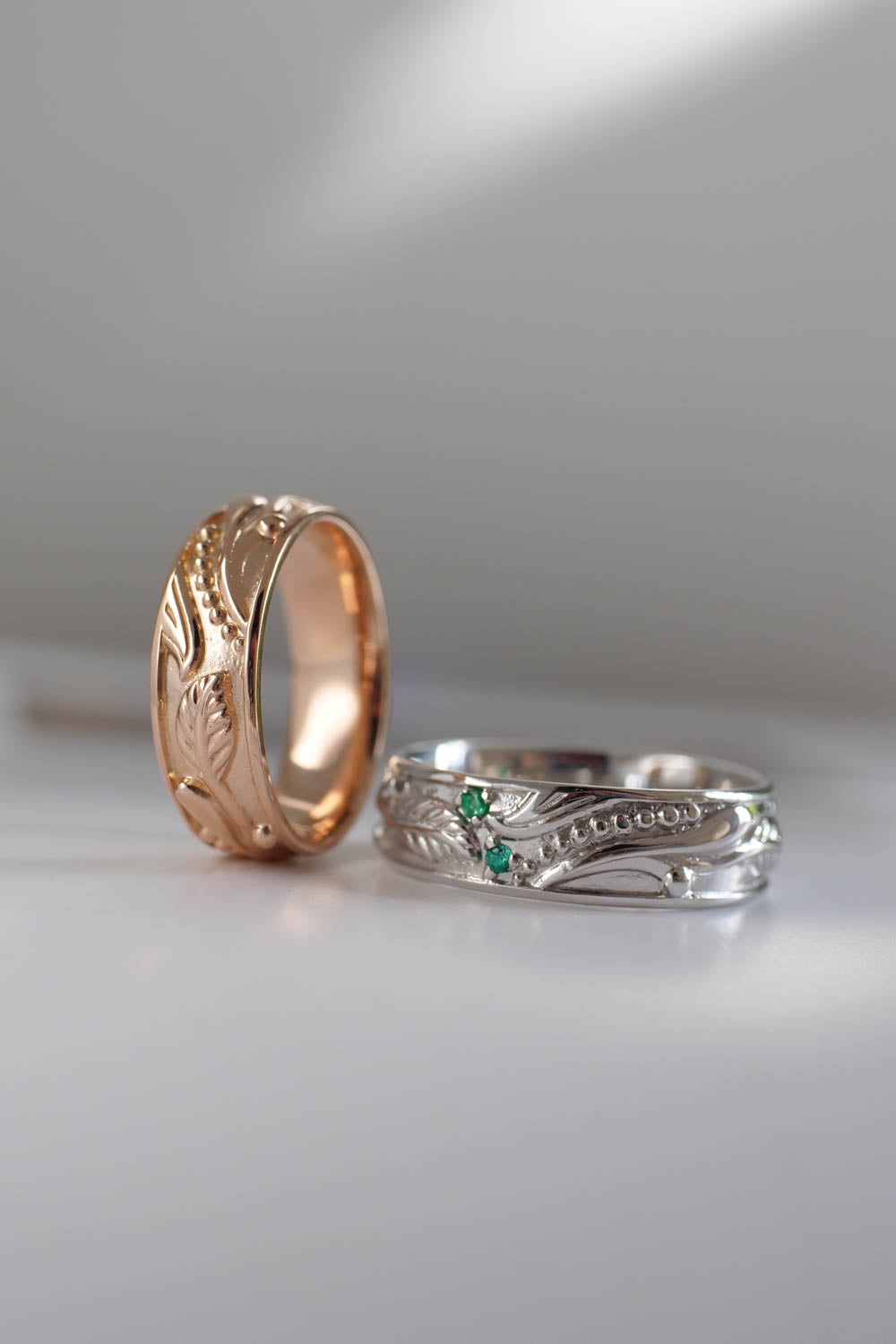 wedding bands for men, rose or white gold, with leaves details. nature inspired ring design
