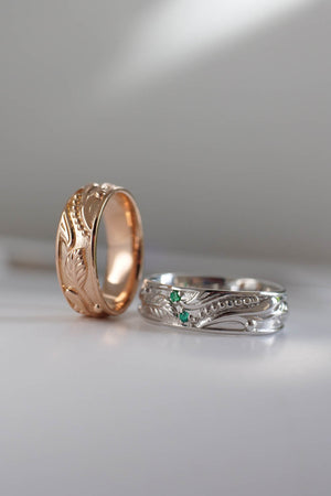 wedding bands for men, rose or white gold, with leaves details. nature inspired ring design