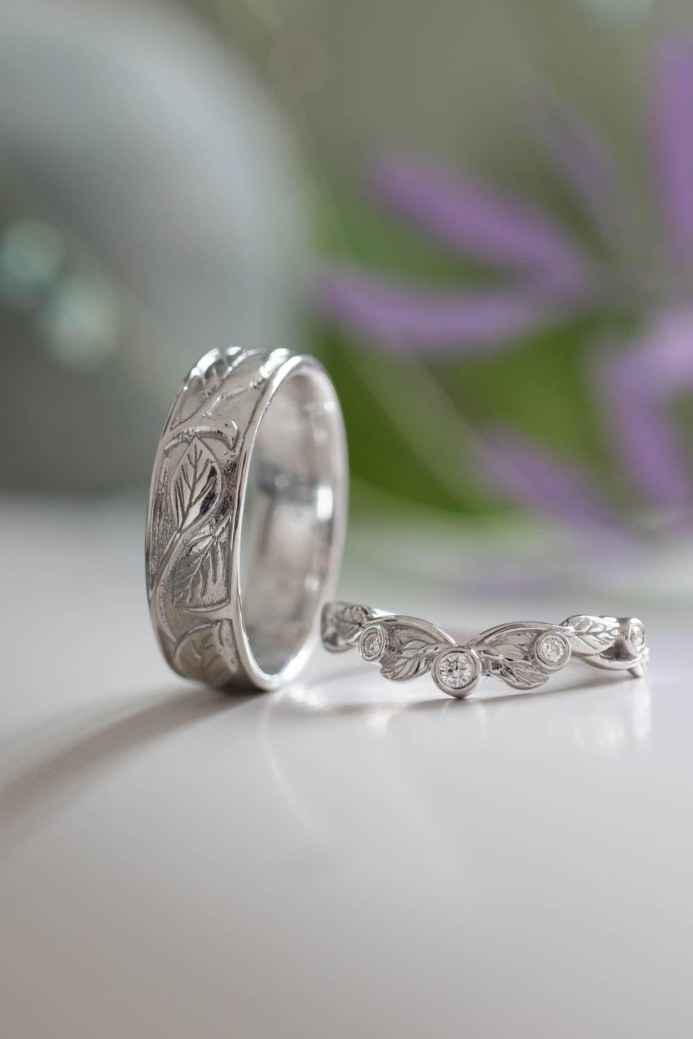Wedding rings set, wedding ring for him and wreath band for her