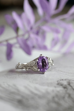 Amethyst engagement ring white gold, engagement rings with leaves / Freesia - Eden Garden Jewelry™