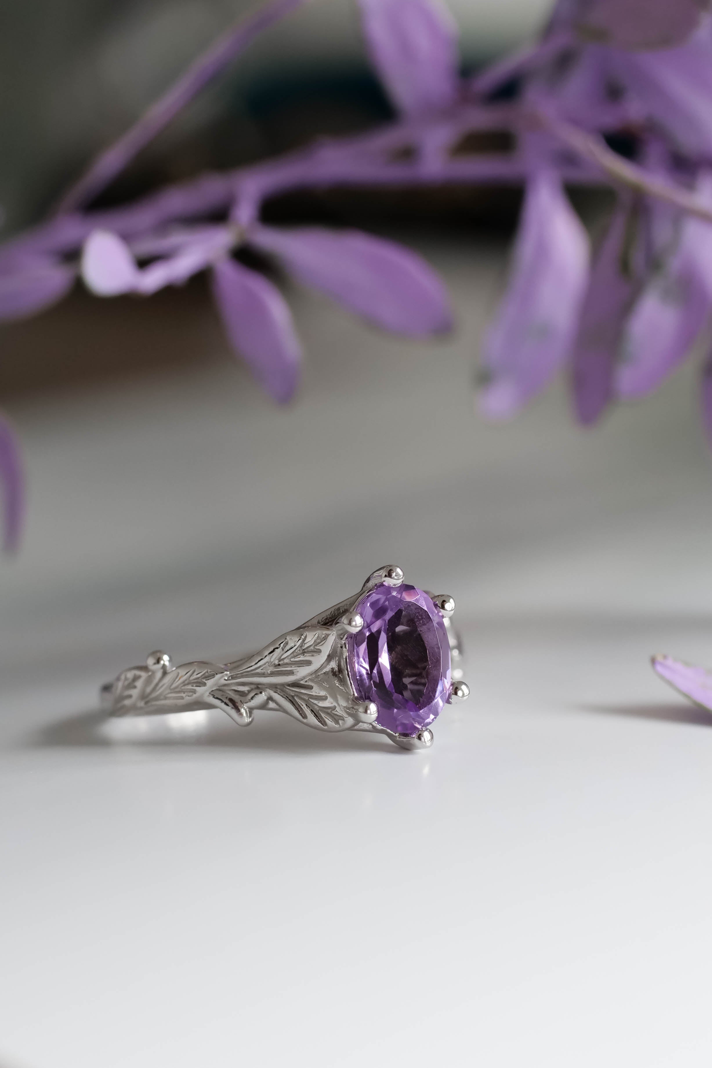 Amethyst engagement ring white gold, engagement rings with leaves