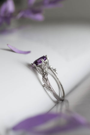 Amethyst engagement ring white gold, engagement rings with leaves / Freesia - Eden Garden Jewelry™