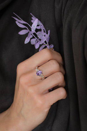 Teardrop Purple Amethyst Bridal 3 Ring Set- Pear Dark Purple Wedding Ring  Set-Halo Engagement Ring w/2 Wedding Band-February Birthstone Ring